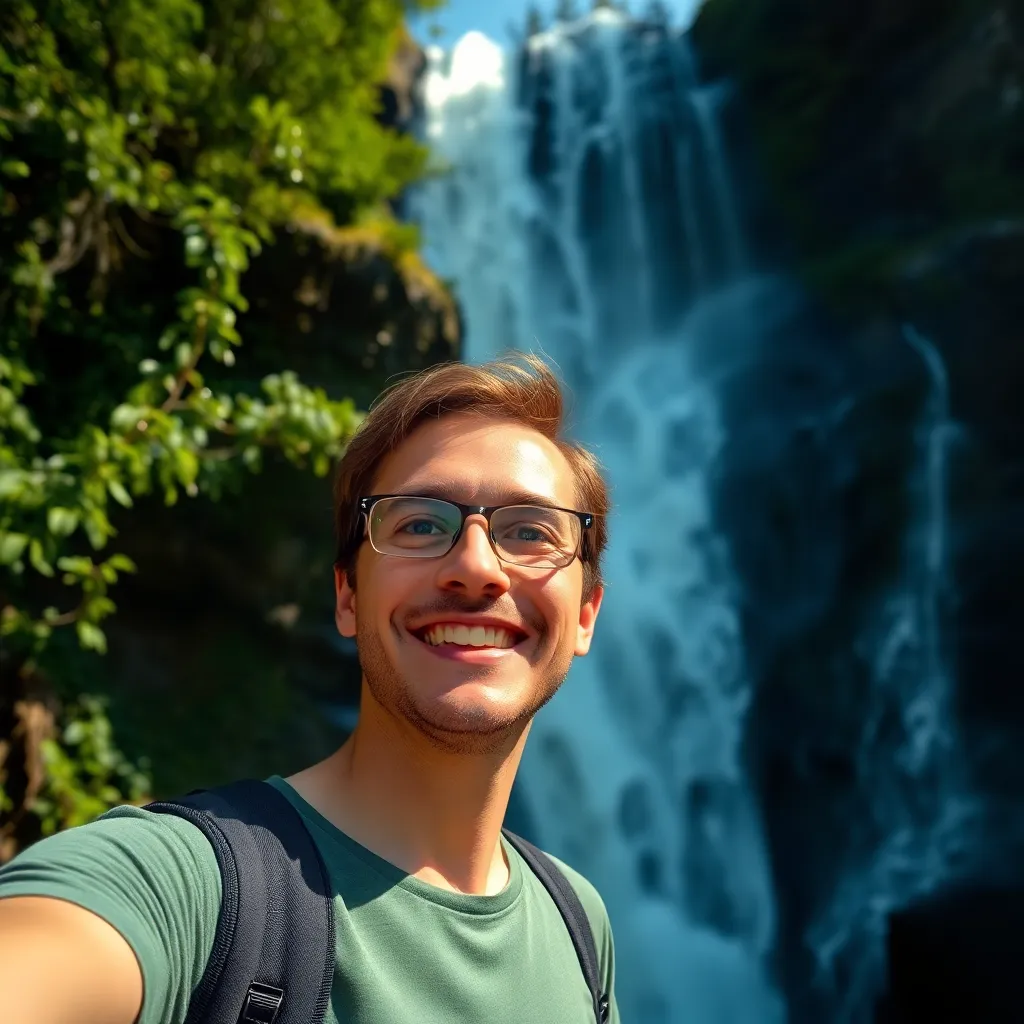 This exhilarating image depicts a solo traveler capturing a joyful selfie in front of a majestic waterfall. The midday sun illuminates the scene, casting sparkling highlights on the cascading water and deep greens of the surrounding nature. The traveler’s expression reflects a sense of pure happiness and adventure, enveloped by the powerful rush of the falls. Both the subject and waterfall are in sharp focus, showcasing the beauty of the moment. The vibrant colors and dynamic composition invite viewers to feel the thrill of this breathtaking natural wonder.