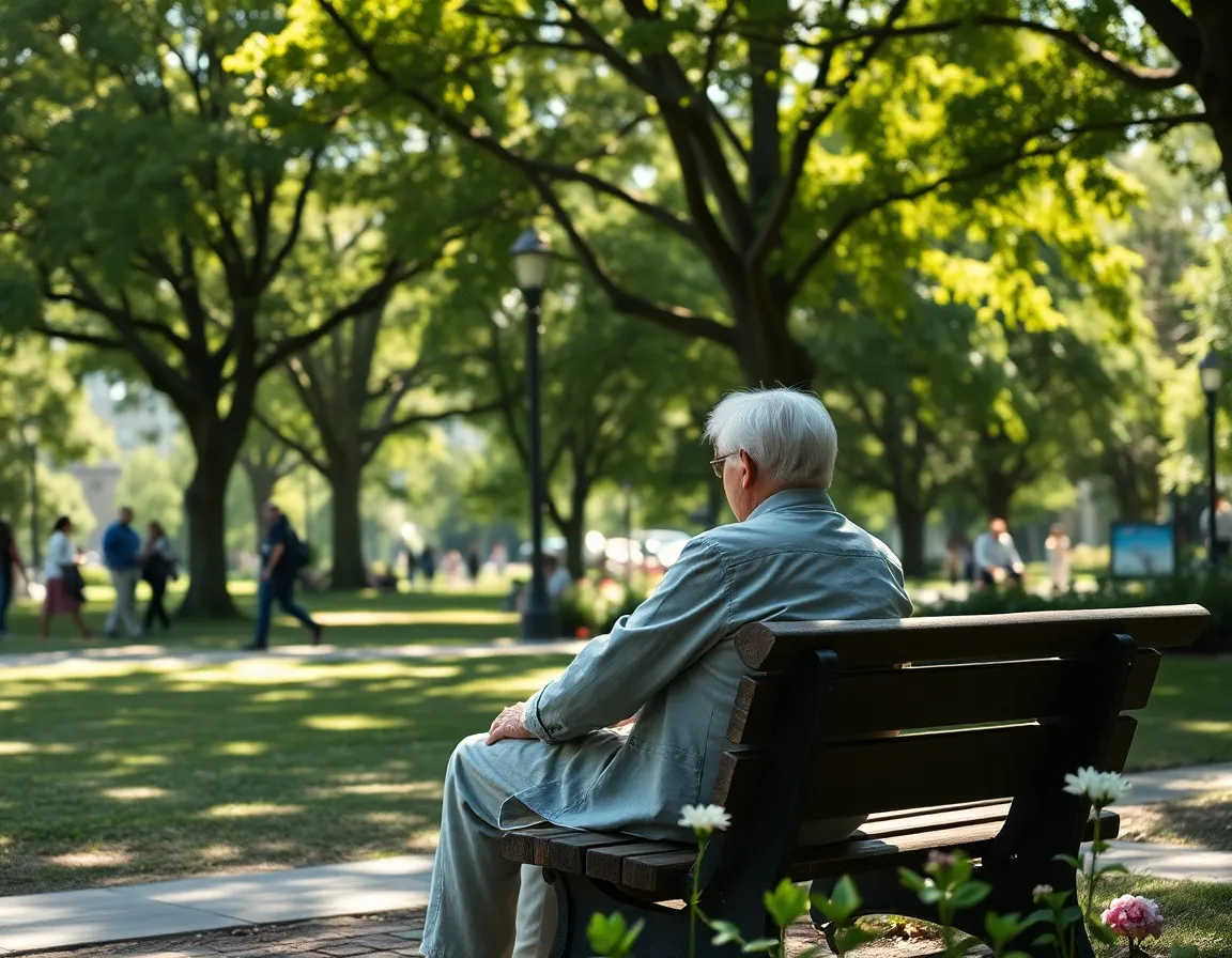 An elderly couple enjoys a tranquil moment on a sunny morning in a vibrant city park, sitting on a weathered wooden bench surrounded by blooming flowers. The sunlight filters through the trees, casting beautiful patterns that enhance the serene atmosphere. Their soft, casual attire and warm expressions radiate happiness and companionship, inviting viewers to reflect on the joy of shared moments.