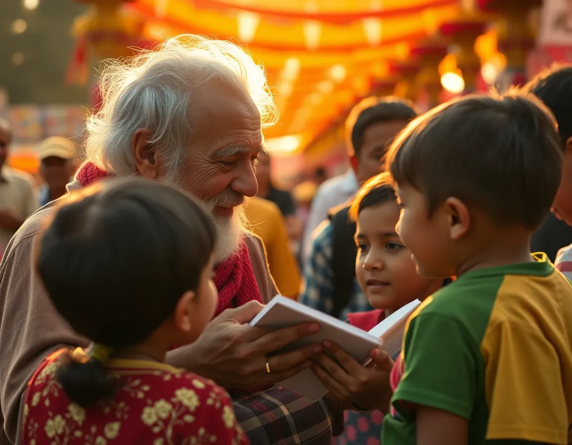 In a lively cultural festival, an elderly traveler captivates a group of children with enchanting stories. The warm afternoon light illuminates their joyful expressions, creating a heartwarming atmosphere filled with laughter and connection. The vibrant colors of festival decorations surround the scene, enhancing the sense of celebration and community. This intimate moment highlights the beauty of shared experiences across generations, inviting viewers to reflect on the importance of storytelling and connection.