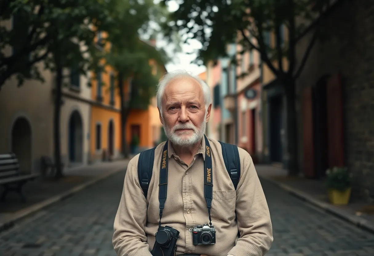 An elderly man with a weathered face and a gentle smile sits on a bench, embodying the spirit of a seasoned traveler in a charming European village. He gazes thoughtfully at the colorful streets lined with rustic houses, his camera hinting at captured memories. Overcast light enhances the natural colors of the scene, creating a peaceful ambiance. The setting invites viewers to imagine the stories he has to tell, showcasing both the beauty of travel and the wisdom gained through years of exploration.