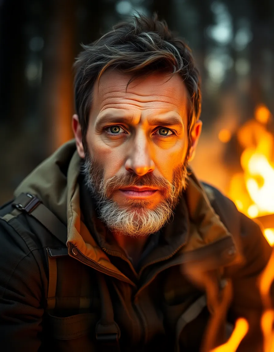 This evocative close-up captures a male traveler lost in thought by a crackling campfire in the heart of a forest. The warm firelight dances on his weathered face, accentuating the rugged texture of his outdoor gear and the deep lines that tell tales of adventure. With a shallow depth of field, the focus is drawn to his expressive eyes, while the darkened forest fades into a soft blur behind him. The earthy color palette and centered composition create an intimate atmosphere, inviting viewers into his reflective moment.