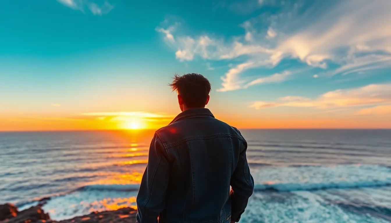 This captivating image features a lone traveler standing bravely on a cliff's edge, gazing at a stunning sunset over turbulent ocean waves. The warm golden light surrounds them in a halo effect, accentuating their rugged denim jacket against the natural backdrop. Vibrant hues of orange, pink, and blue fill the sky, creating a mood of serenity and adventure. The shallow depth of field adds a dreamy quality, blurring the ocean waves, while emphasizing the traveler’s brave stance.