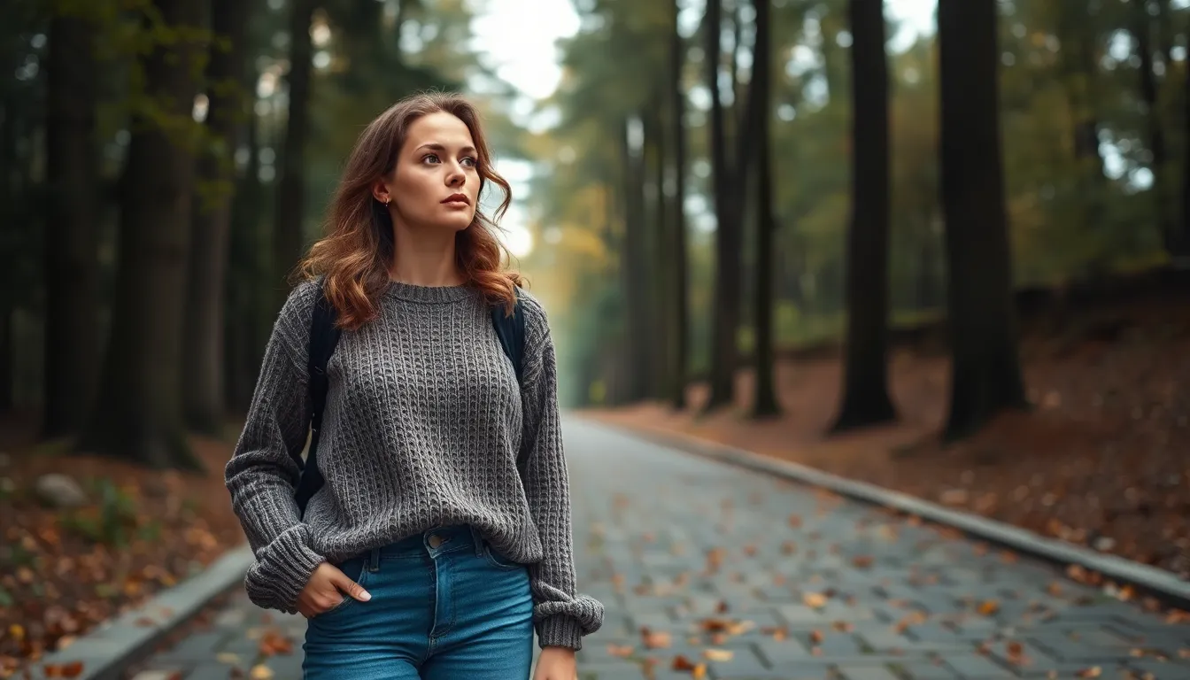 A contemplative woman stands on a weathered stone pathway, surrounded by towering trees bathed in soft, diffused daylight. She wears a cozy knit sweater and jeans, complemented by gentle curls that frame her face. The shallow depth of field brings focus to her thoughtful expression while the background dissolves into creamy bokeh. Warm earthy tones reflect the serene atmosphere of this tranquil escape into nature.