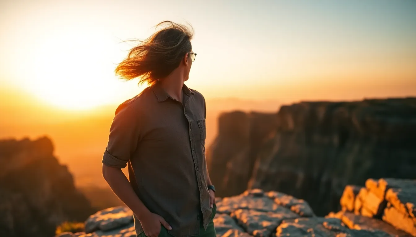 A female traveler stands confidently on a rocky cliff, gazing at the expansive ocean bathed in warm golden hour light. Her linen dress flows with the breeze, creating a sense of adventure and freedom. The captivating ocean glimmers in the soft light, enhancing the feeling of exploration and connection with nature. The composition artfully positions her according to the rule of thirds, making the photograph visually dynamic and engaging.