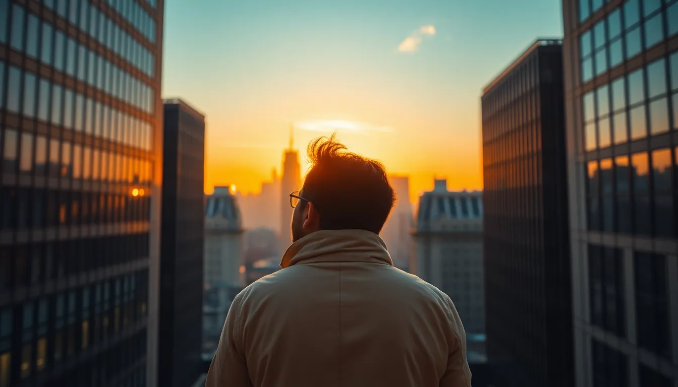Traveler Against Urban Sunset Skyline
