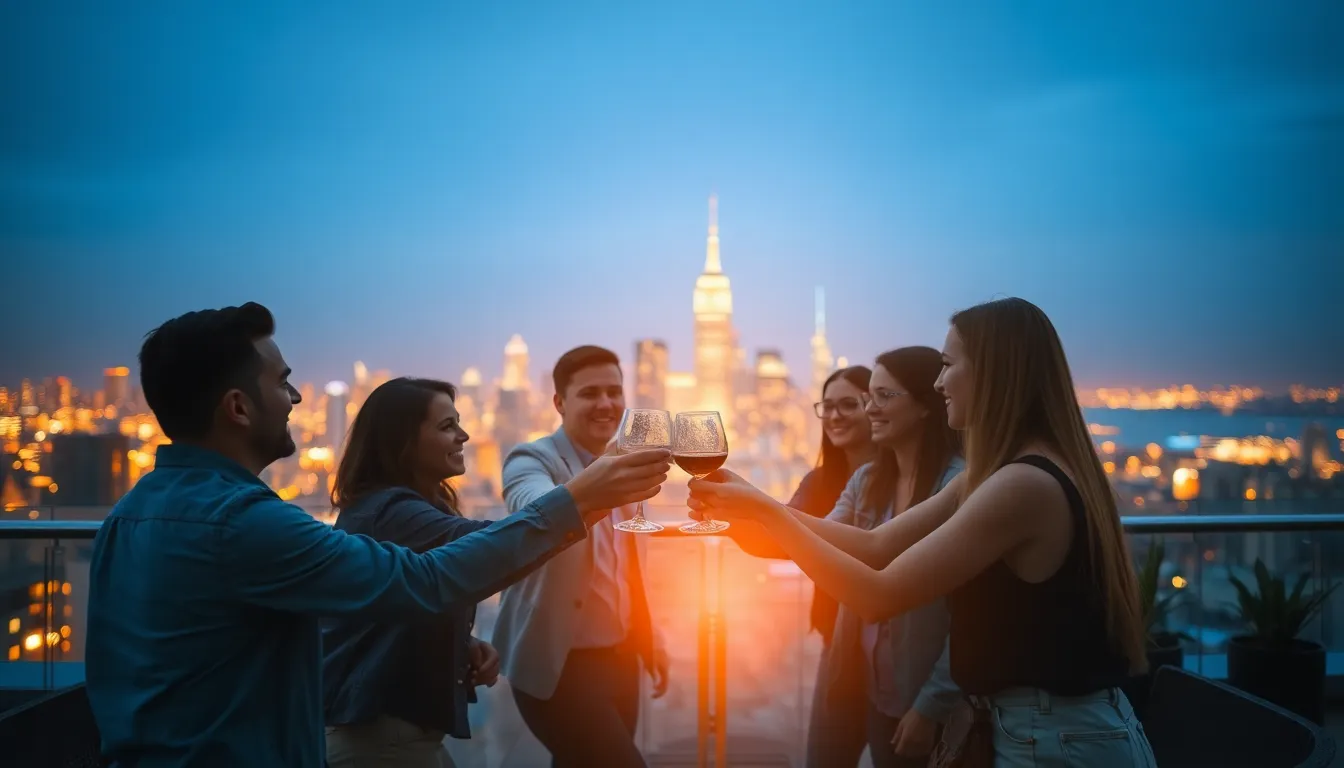 In this heartwarming image, a group of friends raises their glasses in celebration on a rooftop terrace, with a stunning city skyline glowing at dusk in the background. The warm golden hour light creates an inviting and joyful atmosphere perfect for capturing memories. The blurred city lights form a beautiful bokeh, enhancing the focus on the festive group. This image perfectly encapsulates urban adventure and the bonds of friendship against a vibrant cityscape.