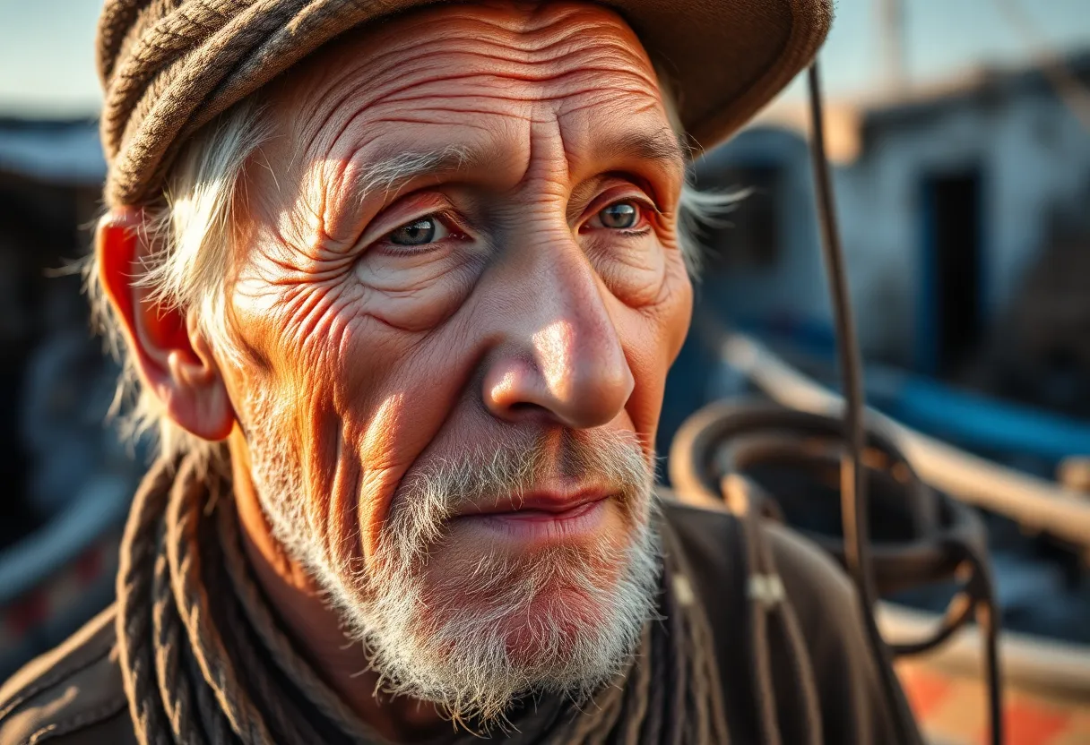 Elderly Fisherman Portrait An elderly fisherman in a coastal village is captured in stunning close-up, revealing the depth of his character and the stories etched on his weathered skin. Soft morning light enhances the textures of his face and fishing gear, creating an intimate portrait. The natural muted tones reflect the rustic charm of his environment, inviting viewers to connect with his life experience. This image narrates the beauty of age and the world of fishing.