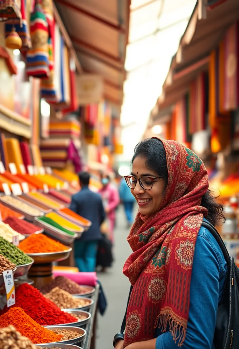 A traveler immerses themselves in the sensory overload of a vibrant spice market, surrounded by colorful textiles and aromatic spices. Their bright scarf contrasts beautifully with the vivid hues of the spices, embodying the essence of cultural exploration. The shallow depth of field highlights their joyful expression while softening the surrounding market scene. This engaging image conveys the excitement of discovery and the rich tapestry of cultural experiences found in travel.