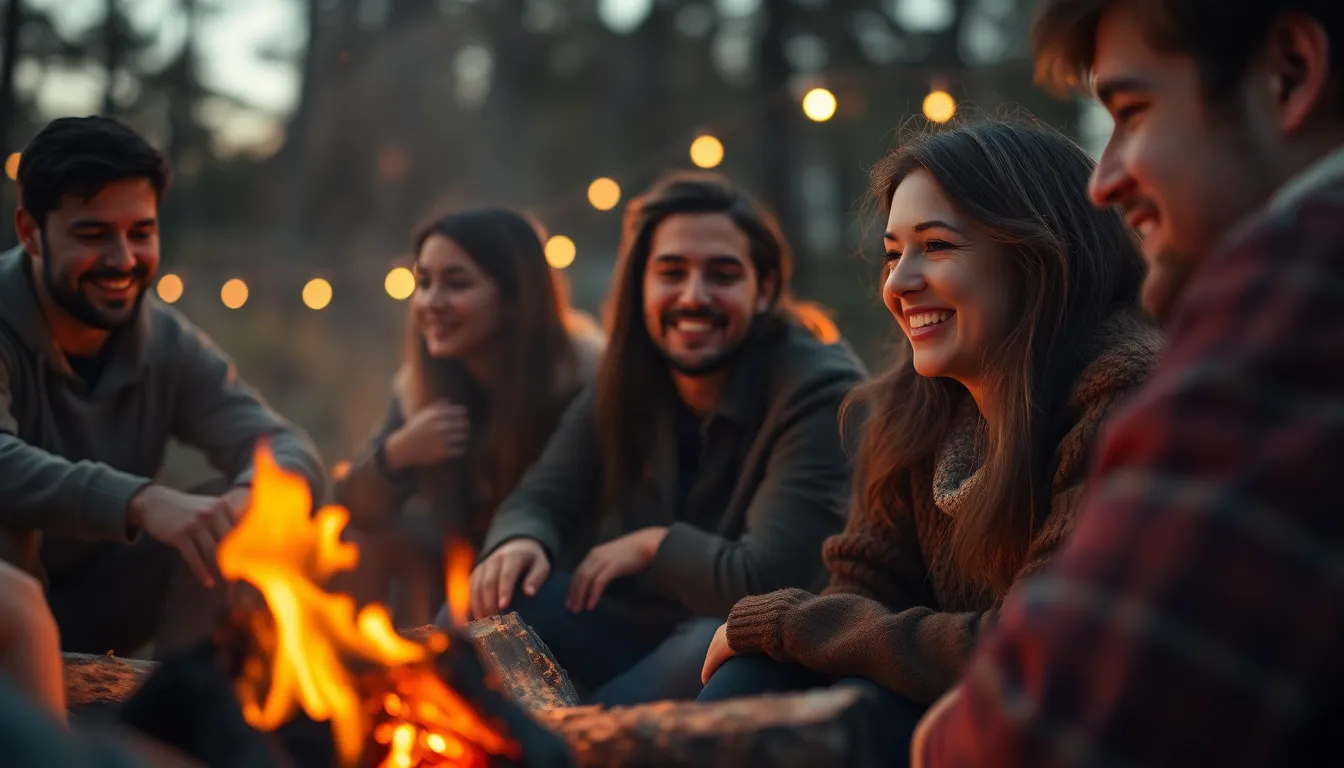 Friends Sharing Stories Around Campfire A heartwarming scene of friends gathered around a crackling campfire, sharing stories as the sun sets. Flickering firelight creates a cozy atmosphere, highlighting their joyful expressions. The rich textures of charred wood and glowing embers come alive in warm tones, while the natural colors of the environment enhance the inviting mood. This image embodies the spirit of camaraderie and adventure in nature.
