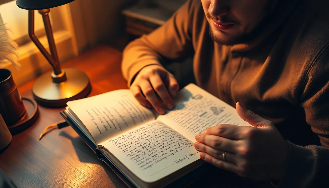 An intimate scene captures a traveler seated at a rustic table illuminated by a warm tungsten desk lamp. Their open travel journal, filled with rich hand-written notes and sketches, serves as the focal point along with their contemplative expression. The soft, warm tones and directional lighting create a cozy atmosphere, inviting viewers into this moment of reflection and connection to their travels. This photograph embodies the essence of documenting adventure and experiences.