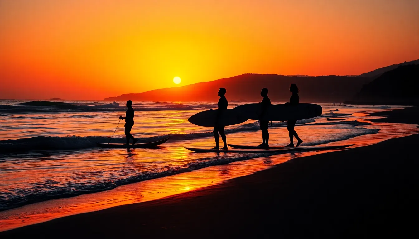 Silhouetted Surfers at Sunset on a Tranquil Beach This stunning image captures the serene moment of silhouetted surfers eagerly awaiting the next wave at sunset. The beach scene glows with the rich, warm hues of the setting sun, reflecting beautifully on the water's surface. The composition balances the surfers' positions along the horizon with the striking colors, evoking a sense of calm yet adventurous spirit typical of beach culture.