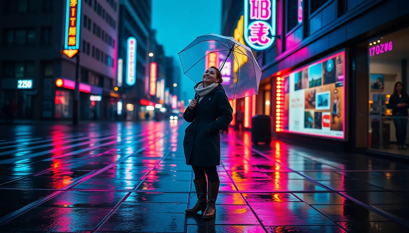 A jubilant traveler stands beneath a lit umbrella on a rainy evening, reflecting vibrant neon colors on the slick pavement. Captured with a tilted composition, the scene emphasizes their joyful expression as they gaze up at the colorful lights. The shallow depth of field creates dramatic focus on the traveler, while cinematic grading enhances the reflective textures. This image encapsulates the essence of adventure and delight, even in rainy conditions.