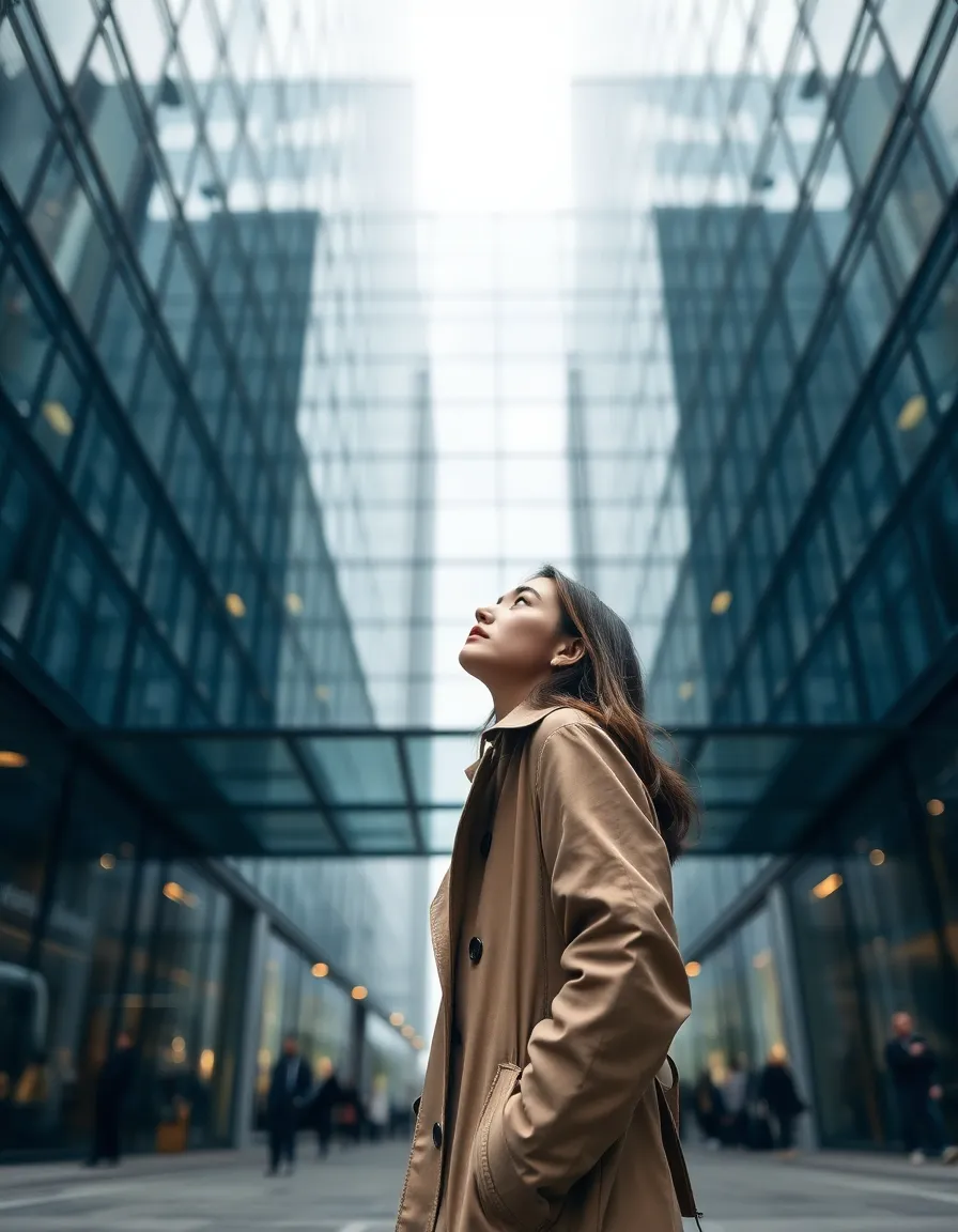 In an urban setting, a young woman gazes up at stunning modern architecture, her sleek raincoat contrasting against the reflective glass facade. The overcast sky provides a soft, diffused light that enhances the details of both the structure and her expression of awe. The symmetry in the composition captures the harmony between the traveler and the architectural marvel, evoking a sense of exploration and admiration for cityscapes.