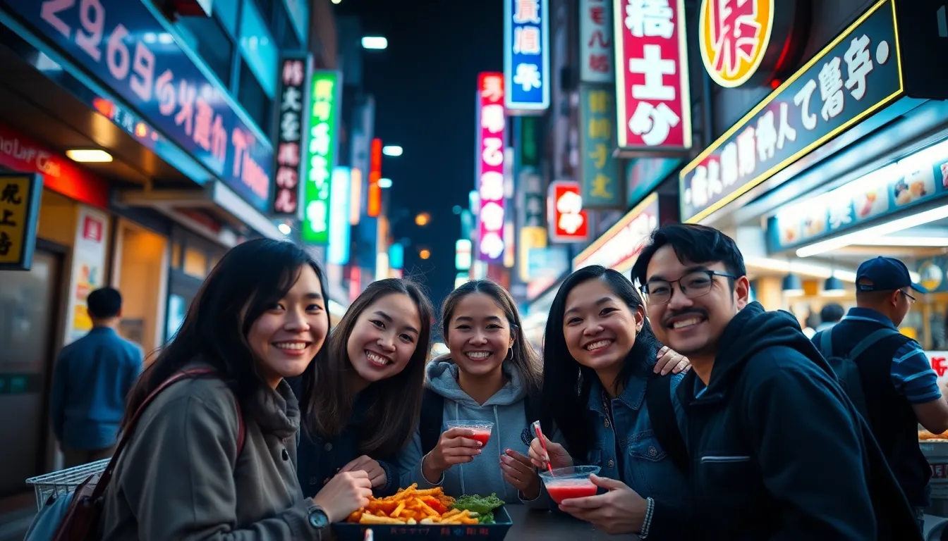 Friends Enjoying Street Food in Tokyo In a lively Tokyo street scene, a group of friends shares laughter over delicious street food, illuminated by vibrant neon signs. The dynamic colors and reflections create an energetic atmosphere, showcasing the excitement of urban nightlife. Focused on the group's joyful faces, this image captures the essence of friendship and culinary adventure. This moment resonates with the thrill of exploring a new culture.