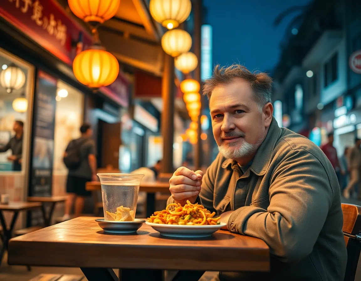 A middle-aged traveler relishes the experience of street food under the warm glow of old street lamps. Seated at a rustic table, he enjoys vibrant, spicy dishes that represent the local cuisine. The soft reflections from surrounding shops create a warm and inviting atmosphere, with muted colors enhancing the charm of the scene. This image beautifully encapsulates the essence of cultural exploration and the joy of discovery through culinary experiences.