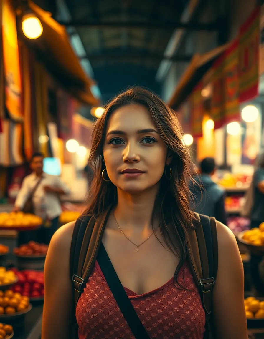This evocative portrait showcases a female traveler immersing herself in the vibrant atmosphere of an ancient marketplace. Warm golden lighting adds depth as she explores colorful stalls filled with textiles and fresh produce. The soft background blurs enhance the focus on her curious expression, inviting viewers into her journey of discovery. The earthy color palette and detailed textures of the market enrich the overall experience, making it a compelling representation of cultural exploration.