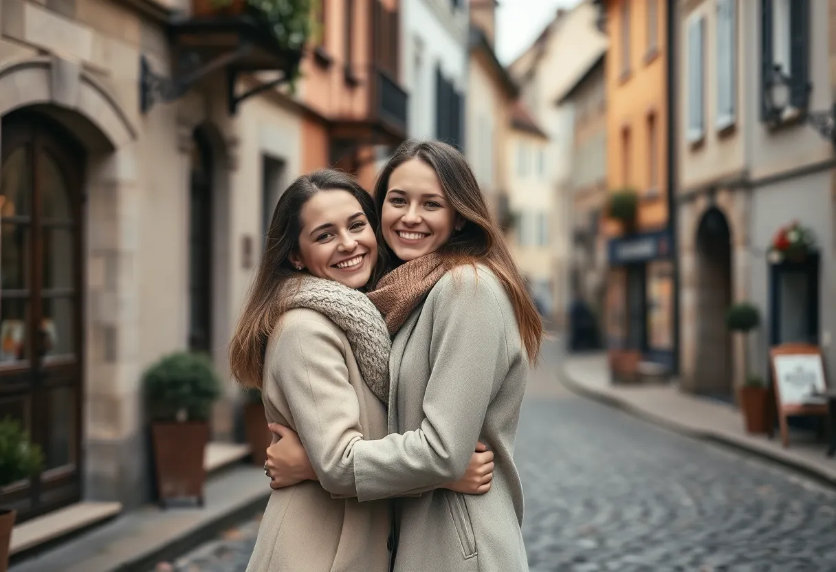 This romantic image captures a young couple embracing on a charming cobblestone street in a quaint European village. Soft overcast light bathes them in a gentle glow, emphasizing their joyful expressions and cozy clothing. With a shallow depth of field, the focus is on their connection while the picturesque village backdrop softly blurs into an enchanting scene. The composition uses the rule of thirds to draw the viewer's eye, highlighting the delightful details of their surroundings, creating a timeless feel.