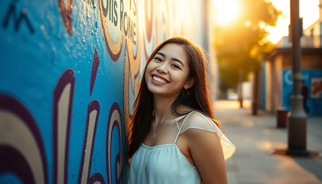 In this vibrant scene, a young woman enjoys the lively atmosphere of a bustling street market in Bangkok. Surrounded by brightly colored lanterns and richly textured stalls, she radiates joy in her floral summer dress. Soft diffused light creates a warm ambiance, while the shallow depth of field brings focus to her expressive face, letting the market fade into a colorful blur. The composition, with leading lines from the stalls, invites viewers to explore this festive setting filled with local culture.
