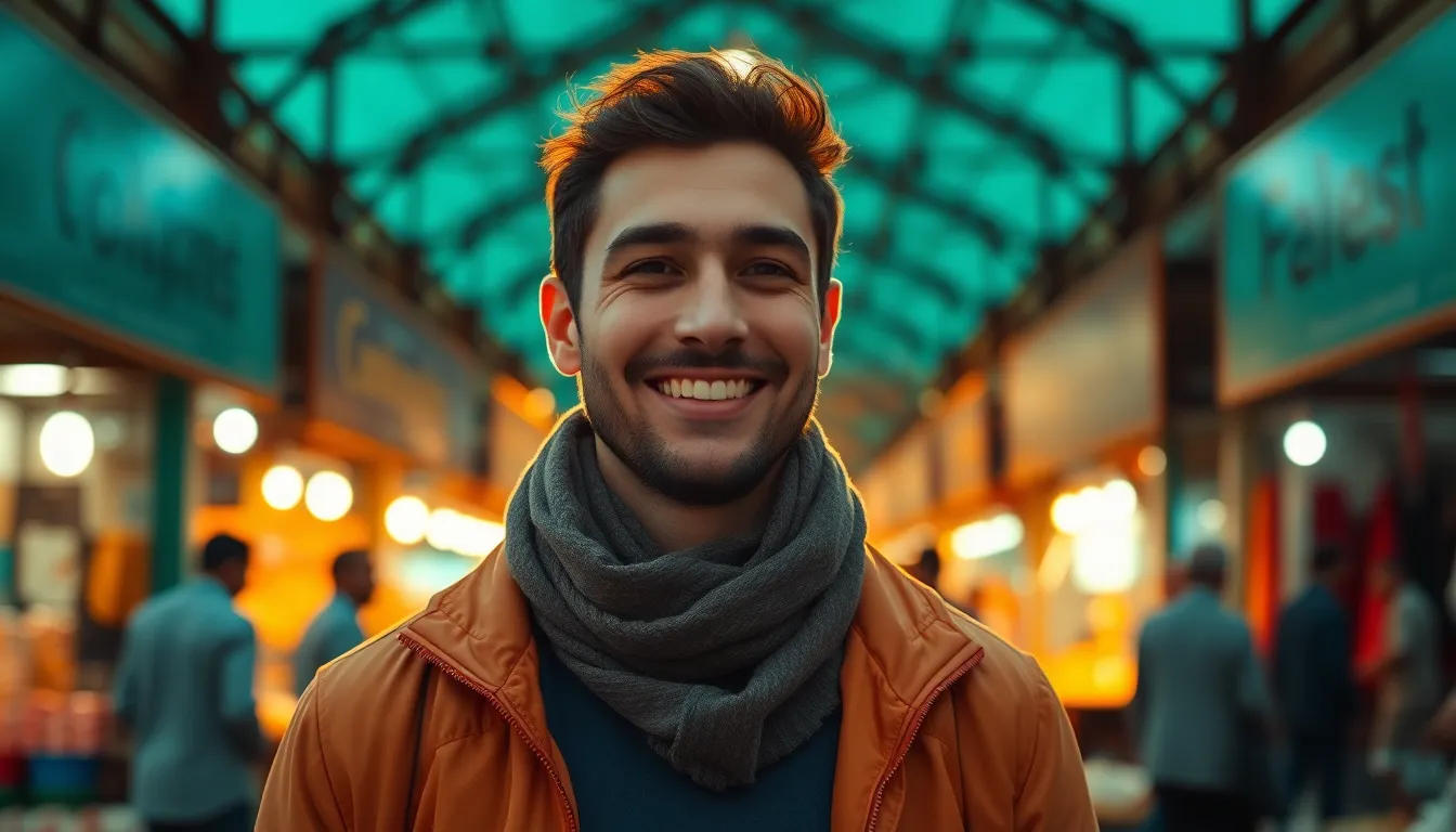 A joyful traveler engages with vibrant vendors at a bustling local market during golden hour. Backlit by warm sunlight, he stands confidently in a light jacket and scarf, with warm rim light accentuating the contours of his silhouette. The rich colors of the market stalls create a lively backdrop, while cinematic teal and orange grading adds depth to the scene. This moment captures the excitement of immersion in local culture and community.