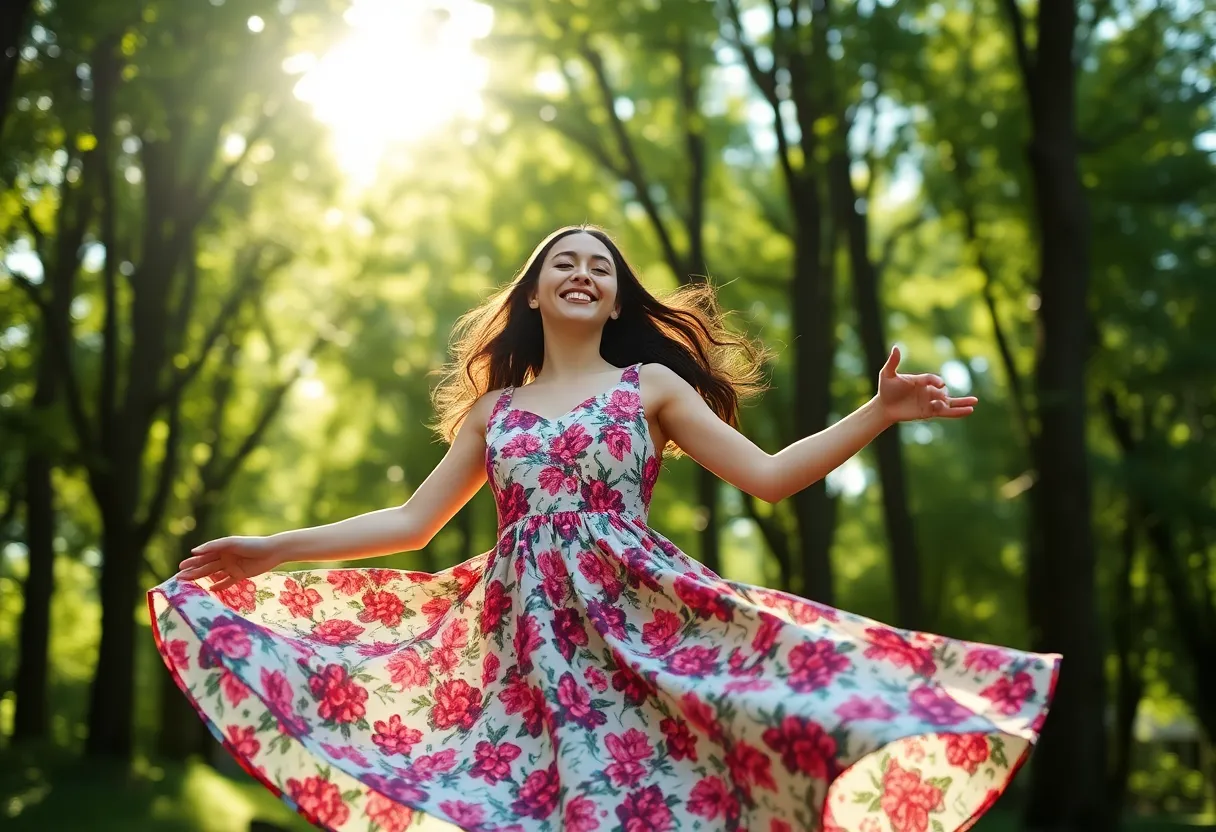 A vibrant scene of a young woman twirling in her floral dress amidst a sunlit forest, surrounded by lush greenery. The dappled sunlight filters through the leaves, casting playful patterns on her skin and the forest floor. Her radiant smile embodies the joy and freedom of travel, while the soft bokeh emphasizes her movement and spirit. This enchanting moment captures the essence of adventure and the beauty of nature.