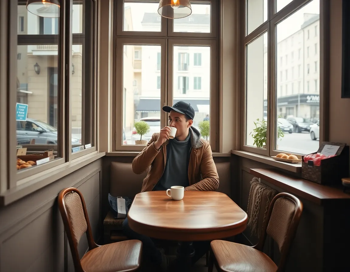 In this serene image, a traveler is captured savoring a delicious pastry and coffee at a charming café in Paris. Sunlight pours in through large windows, gently illuminating the delicate details of the café's vintage decor, creating a warm and inviting atmosphere. The soft pastels of the setting blend beautifully with the traveler’s relaxed expression, inviting viewers to share in this simple yet profound moment of joy. The composition draws the eye through the café's furnishings, pulling you into the cozy scene.