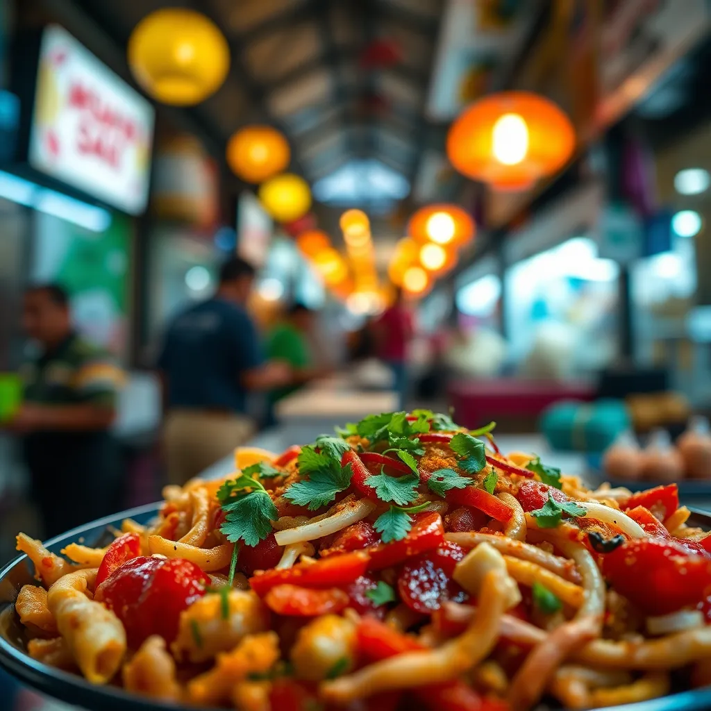A stunning macro shot reveals an artistically arranged plate of exotic street food, showcasing vibrant colors and textures. The warm overhead lighting casts a cozy glow, enhancing the freshness of the ingredients. Carefully arranged garnishes and spices create a feast for the senses, while the softly blurred market background adds depth and context to the bustling scene. This image invites viewers to experience the richness and diversity of global street cuisine.