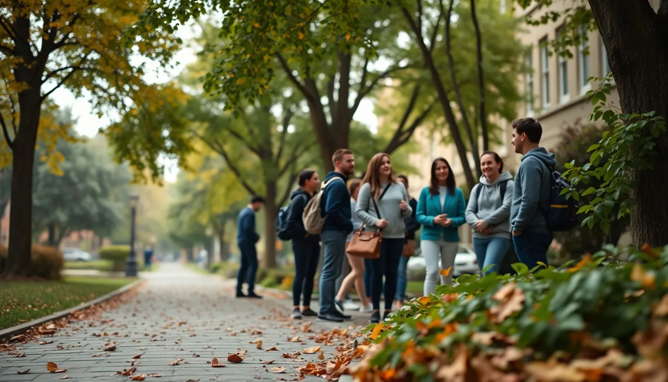 Students Discussing on University Campus This photorealistic image depicts a group of university students actively engaged in discussion under the dappled sunlight of an autumn day. The lush green trees frame the scene, adding depth and warmth to the atmosphere. The students, with diverse clothing styles, display expressions of curiosity and enthusiasm, making it a dynamic moment on campus. Soft textures from fallen leaves and stone paths contribute to the natural beauty of the setting.