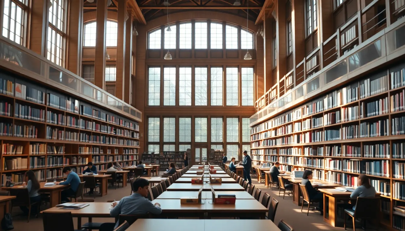 Students Studying in University Library Inside a university library, students are immersed in their studies surrounded by shelves filled with books. Soft diffused daylight filters through large windows, illuminating the warm wood tones and creating an inviting atmosphere. The carefully composed leading lines direct the viewer's gaze toward a focused student, showcasing the tranquil yet engaging environment of academic pursuit. This image captures the essence of scholarly life within a vibrant campus.