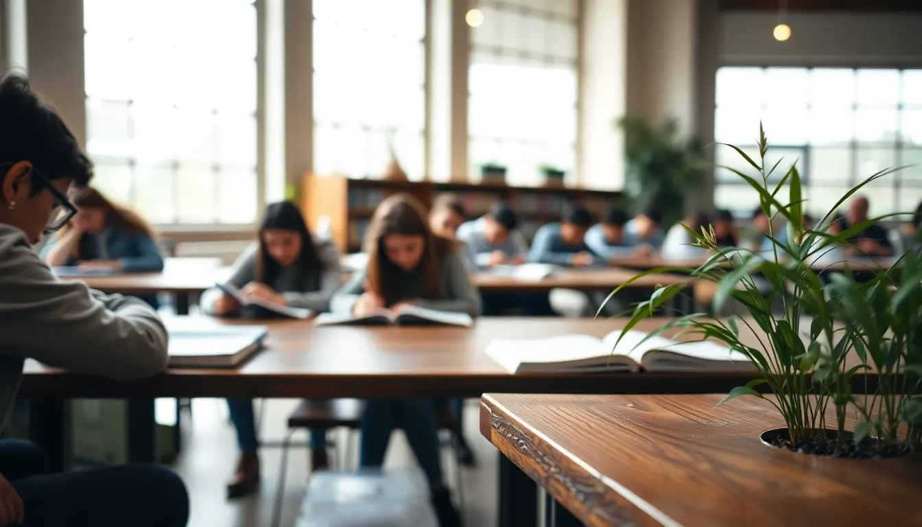 In a spacious university lounge, two students are engaged in a lively discussion over laptops and notes. The soft, diffused daylight filters through large windows, creating a serene atmosphere. A warm palette of muted tones complements the natural wood furniture and comfortable fabrics, while the gentle blur of the background emphasizes the focus on the students. This scene captures the essence of collaborative learning in an inviting environment.
