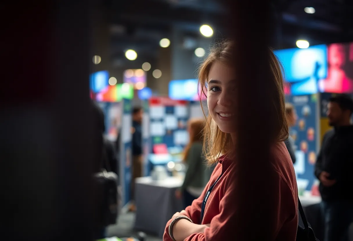 A dynamic scene from a university science fair, focusing on a student passionately presenting their project. Bright spotlights create an exciting atmosphere, illuminating the innovative displays while adding depth through dramatic shadows. The shallow depth of field emphasizes the student’s engagement, blurring the colorful backdrop of varied exhibits. The overall muted tones evoke a sense of creativity and exploration, inviting viewers to appreciate the energy of student-led innovation.