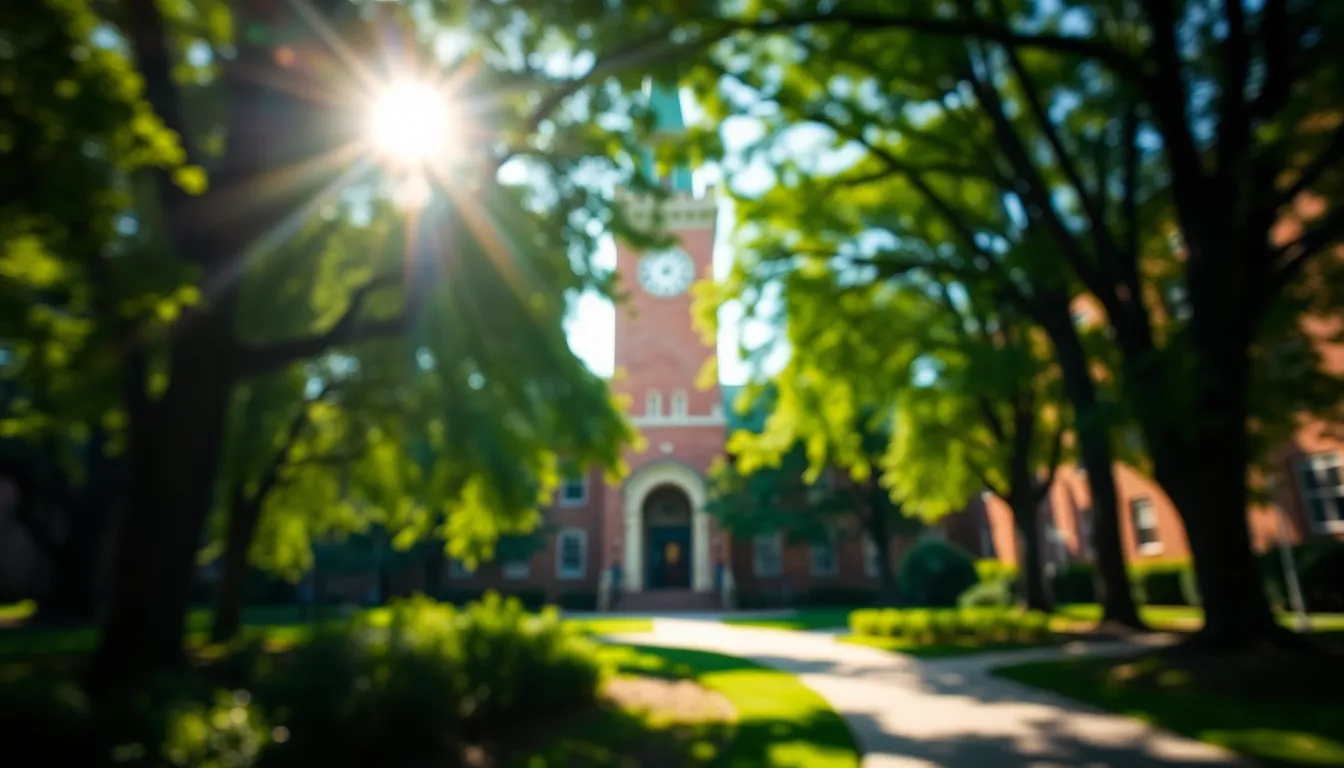 This stunning image of a university campus highlights the iconic clock tower surrounded by lush greenery, framed by dappled sunlight filtering through the canopy of trees. The vibrant colors are reminiscent of Fujifilm Velvia film, giving the scene a rich and inviting atmosphere. The soft painterly bokeh effect behind the clock tower creates a dreamy quality, while leading lines formed by paths and foliage guide the viewer’s gaze toward the architectural beauty of the tower. Nature's textures, including the leaves and tree bark, enrich the overall composition.