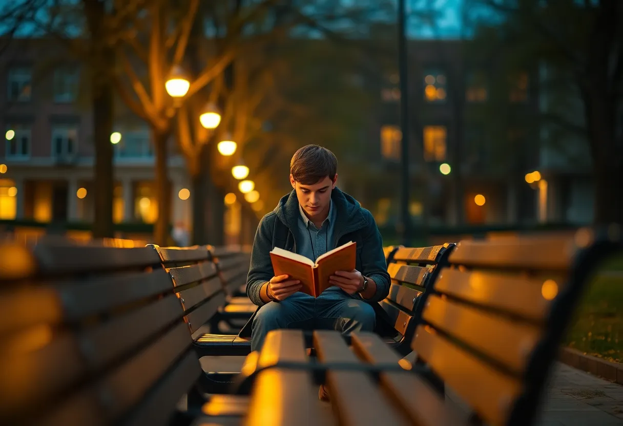 This intimate photograph captures a university student lost in a book on a bench, surrounded by softly glowing campus lights as twilight darkens the sky. The warm tungsten glow from nearby buildings contrasts beautifully against the deepening blue of the evening. The delicate bokeh effect enhances the contemplative mood, making it a perfect representation of scholarly pursuits in a university setting.
