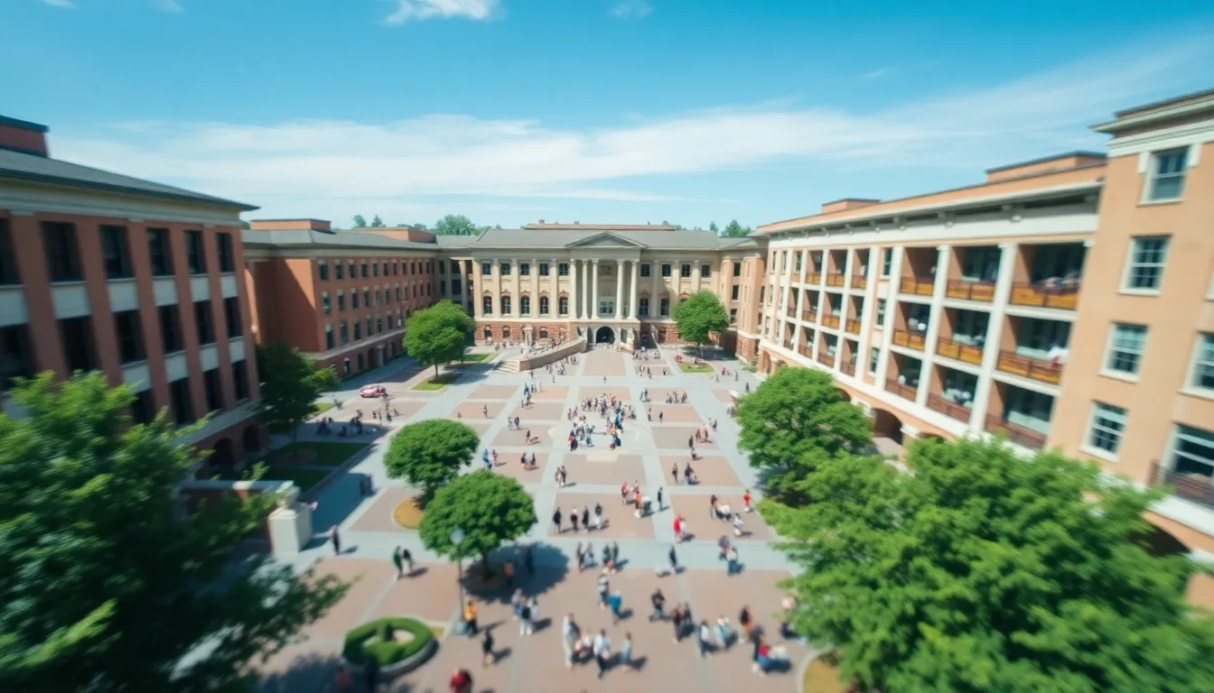 Aerial View of a Vibrant University Campus This aerial view captures the dynamic atmosphere of a university campus bustling with students engaged in various activities under clear blue skies. The tilt-shift effect lends a playful quality, emphasizing the vibrant colors of the buildings and the greenery. Students are depicted walking and gathering in the central plaza, showcasing the lively essence of academic life. The image beautifully encapsulates the scale and energy of campus life.