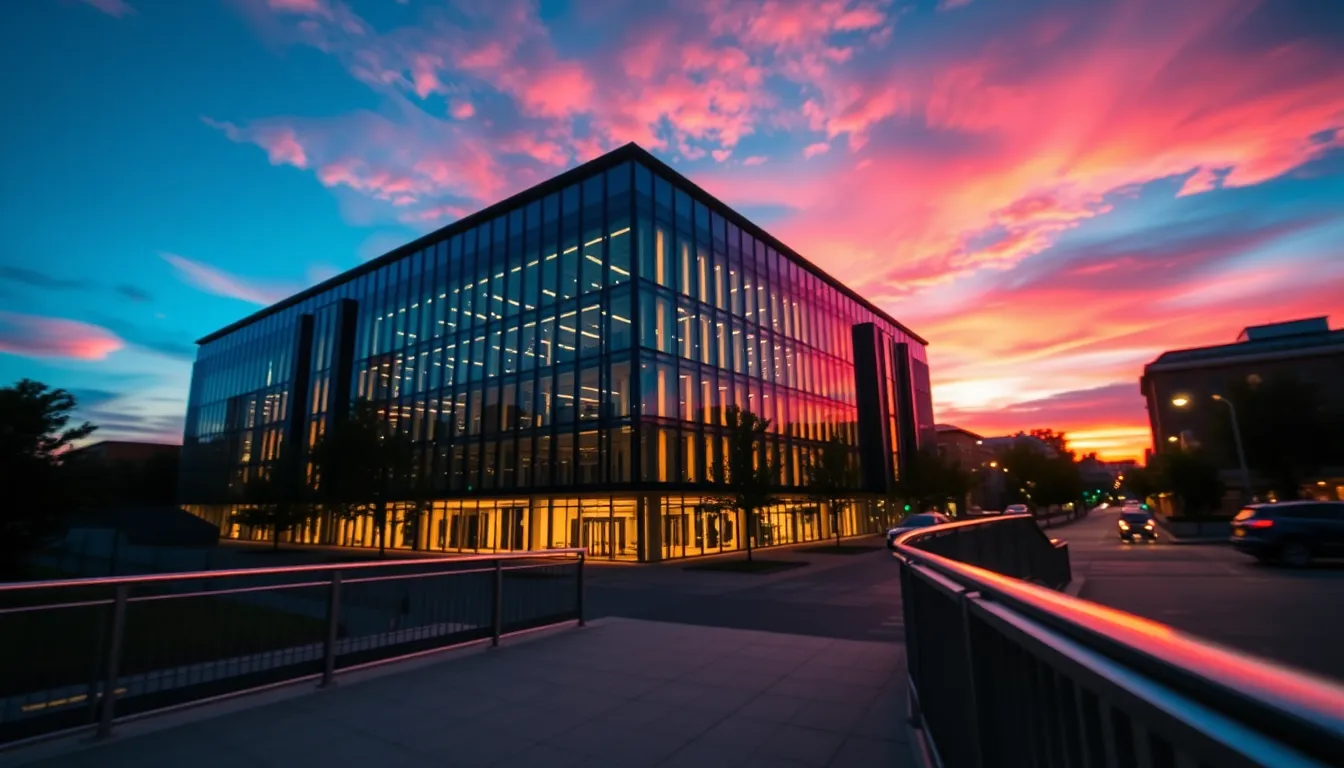 Modern University Architecture at Twilight This breathtaking image presents a beautiful view of modern university architecture during twilight. The sleek glass and steel design reflects the vibrant hues of the sunset, creating an enchanting and contemporary feel. Interior lights cast a soft glow, inviting passersby to explore the space. The leading lines of the walkway guide the viewer's gaze towards the building, making it the focal point against a backdrop of rich blues and purples.