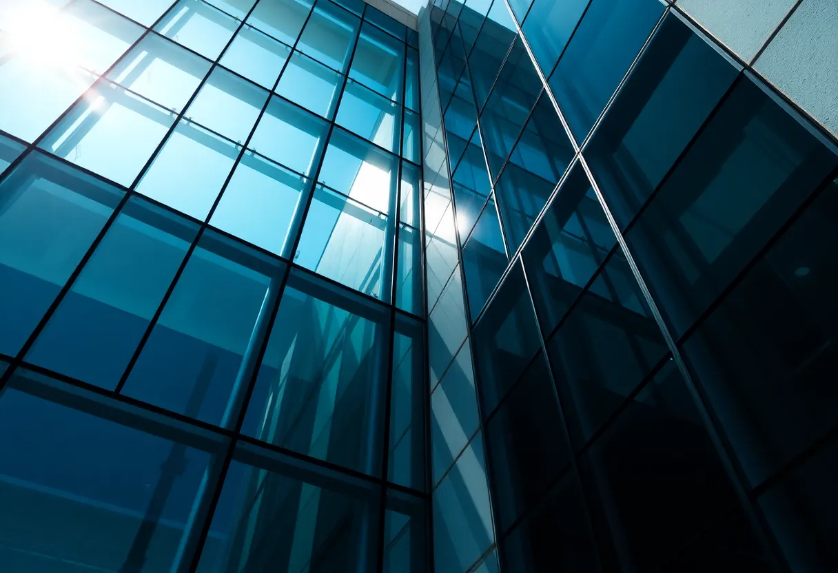 This striking photograph reveals the stunning architectural details of a modern university building. The macro lens captures the intricate geometric patterns of the glass facade, reflecting the blue sky above. Bright, direct lighting accentuates the sleek materials and sharp contrasts, while a wide depth of field ensures every detail is captured with clarity. The image showcases contemporary design at its finest, ideal for highlighting cutting-edge educational environments.