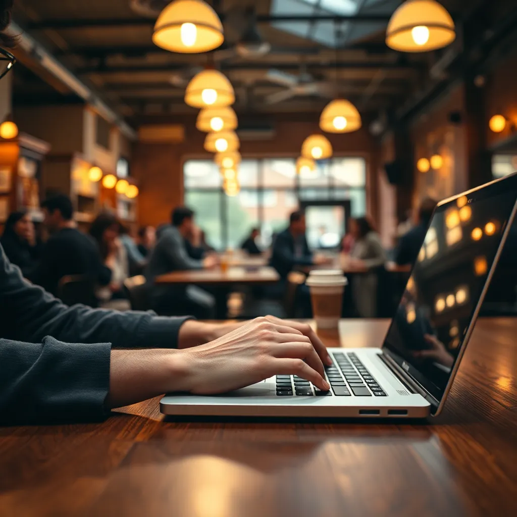 Student Typing in Cozy Campus Coffee Shop