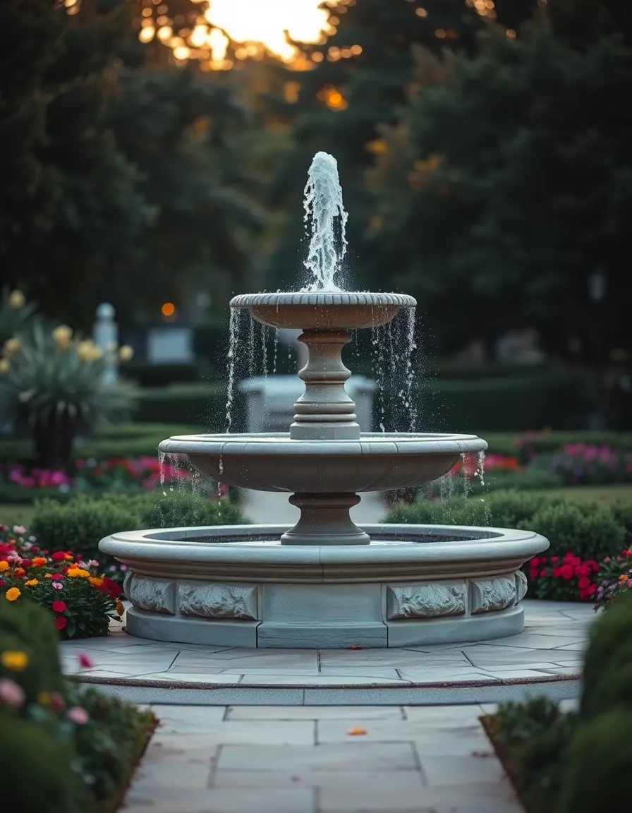Beautiful Campus Fountain Surrounded by Flowers A serene image of a beautifully designed campus fountain, surrounded by vibrant flower beds and greenery. The cool morning light enhances the natural colors, creating a soothing ambiance. The image composition features the fountain off-center, allowing the lush flowers to draw attention as well. The intricate stone textures of the fountain add a timeless quality to this peaceful university scene.