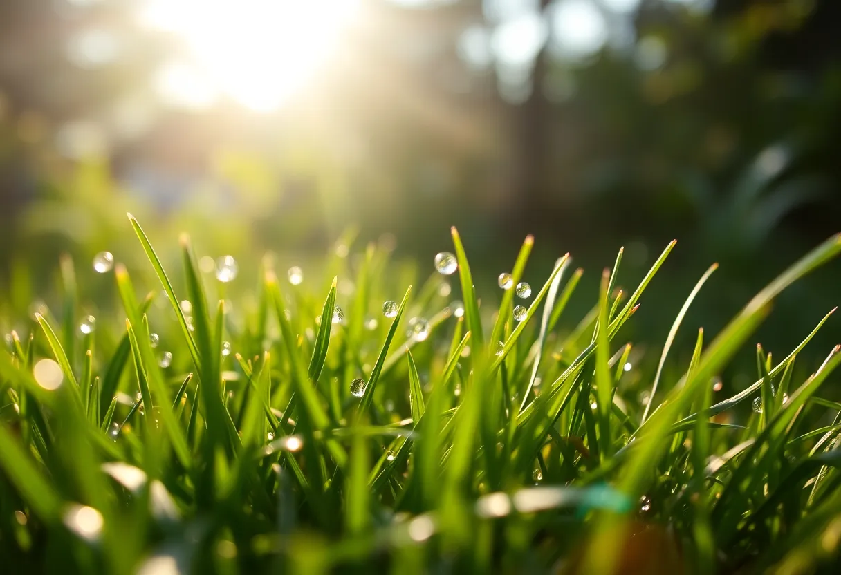 This macro shot captures the enchanting beauty of morning dew resting on blades of grass in a university botanical garden. The soft sunlight illuminates the scene, highlighting the intricate details of each droplet and the rich textures of the lush greenery surrounding them. A centered symmetrical composition draws attention to the delicate balance of nature, evoking a sense of tranquility and appreciation for the environment within the academic setting. This image is perfect for showcasing the intersection of education and natural beauty.