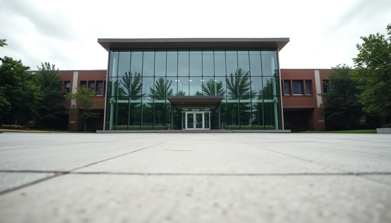This image illustrates a stunning modern lecture hall featuring a sleek glass facade that beautifully reflects the lush greenery and serene sky beyond. Shot in soft, diffused daylight, the overall atmosphere is calm and inviting. The composition utilizes leading lines from the concrete walkway to draw the eye toward the building, embodying a blend of nature and modern architecture that enhances the educational experience.