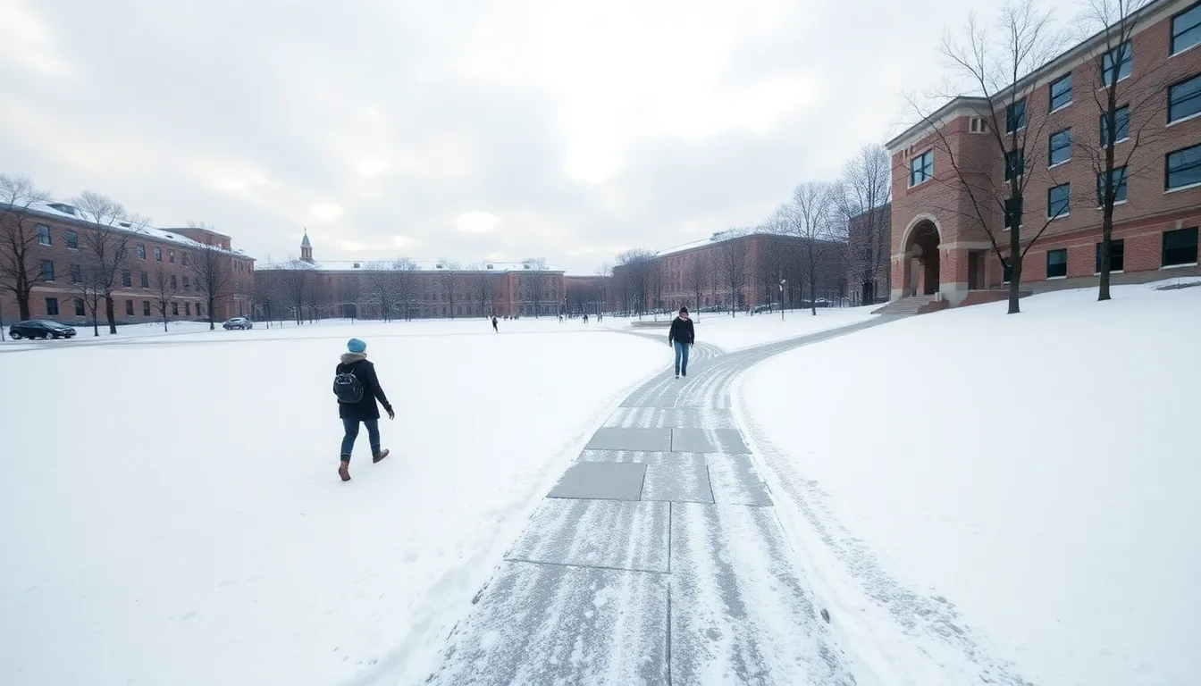 This peaceful photograph portrays a snow-covered university quad on a tranquil winter morning. Students are seen bundled up against the cold, making their way across the pristine snow. The soft, diffused lighting creates a serene atmosphere, while cool blues and whites dominate the color palette. With a hyperfocal depth of field, every detail is sharply rendered, and the leading lines of the pathways guide the viewer's gaze through the idyllic winter scene. This image captures the beauty and stillness of campus life during the colder months.