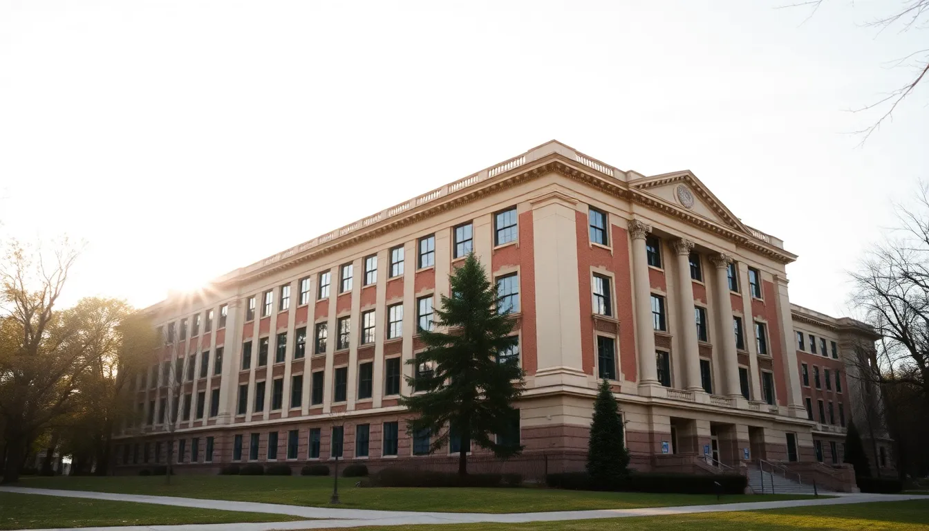 A majestic university building captured at dawn, basking in the soft, golden light of early morning. The architectural details are highlighted against a serene sky, with a slight Dutch angle adding dynamic tension to the composition. The muted color palette reflects the tranquility of the moment, while the sharpness of the image emphasizes the grandeur and significance of the educational institution.