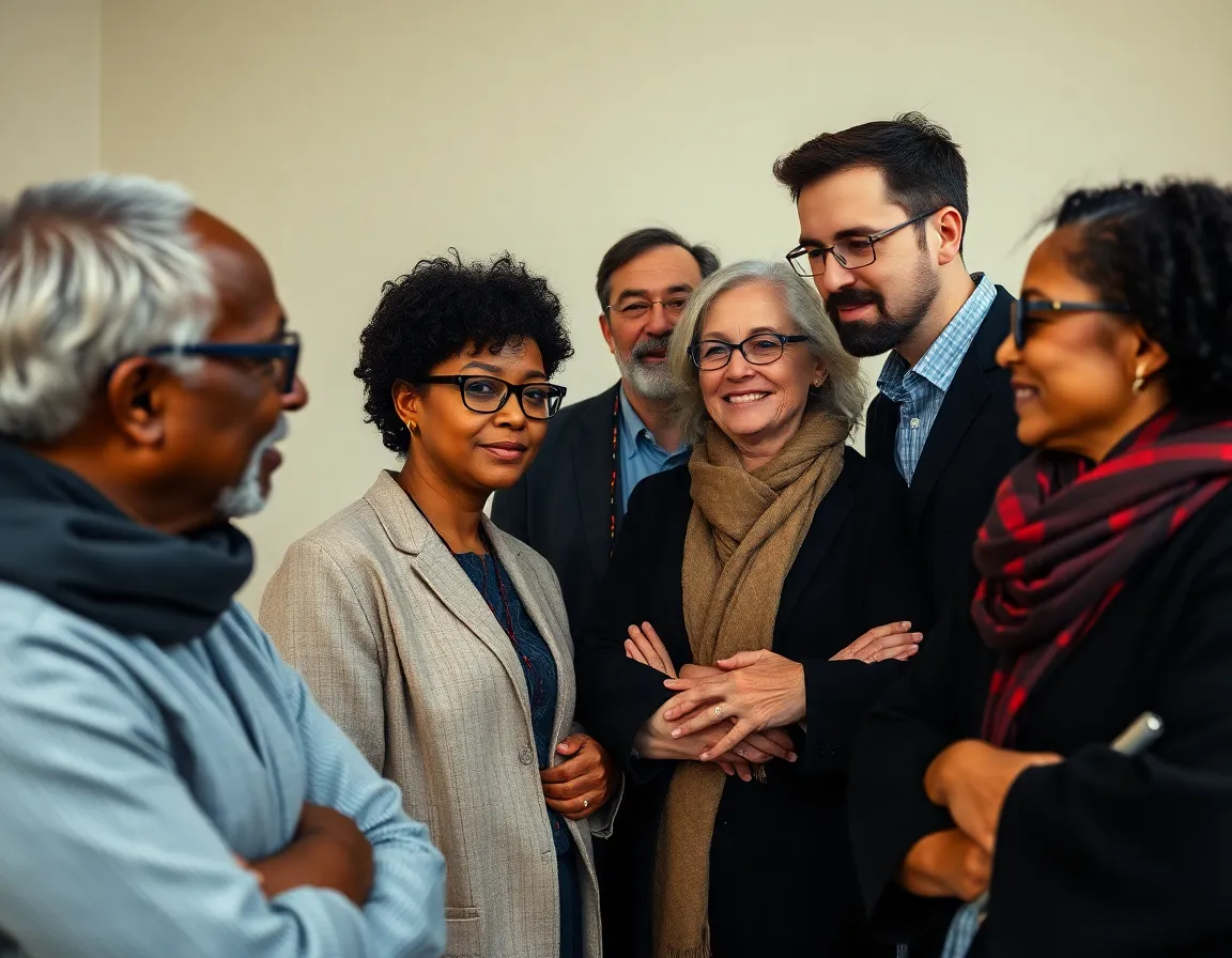This studio image captures a moment of collaboration among a diverse group of professors deeply engaged in an academic discussion. The soft, carefully controlled lighting highlights their facial expressions and the rich textures of their clothing, conveying the warmth of scholarly exchange. With a thoughtful composition, the professors are positioned at various angles, reinforcing the dynamics of their collaborative spirit. This image is ideal for representing the heart of university education and the diversity of thought.