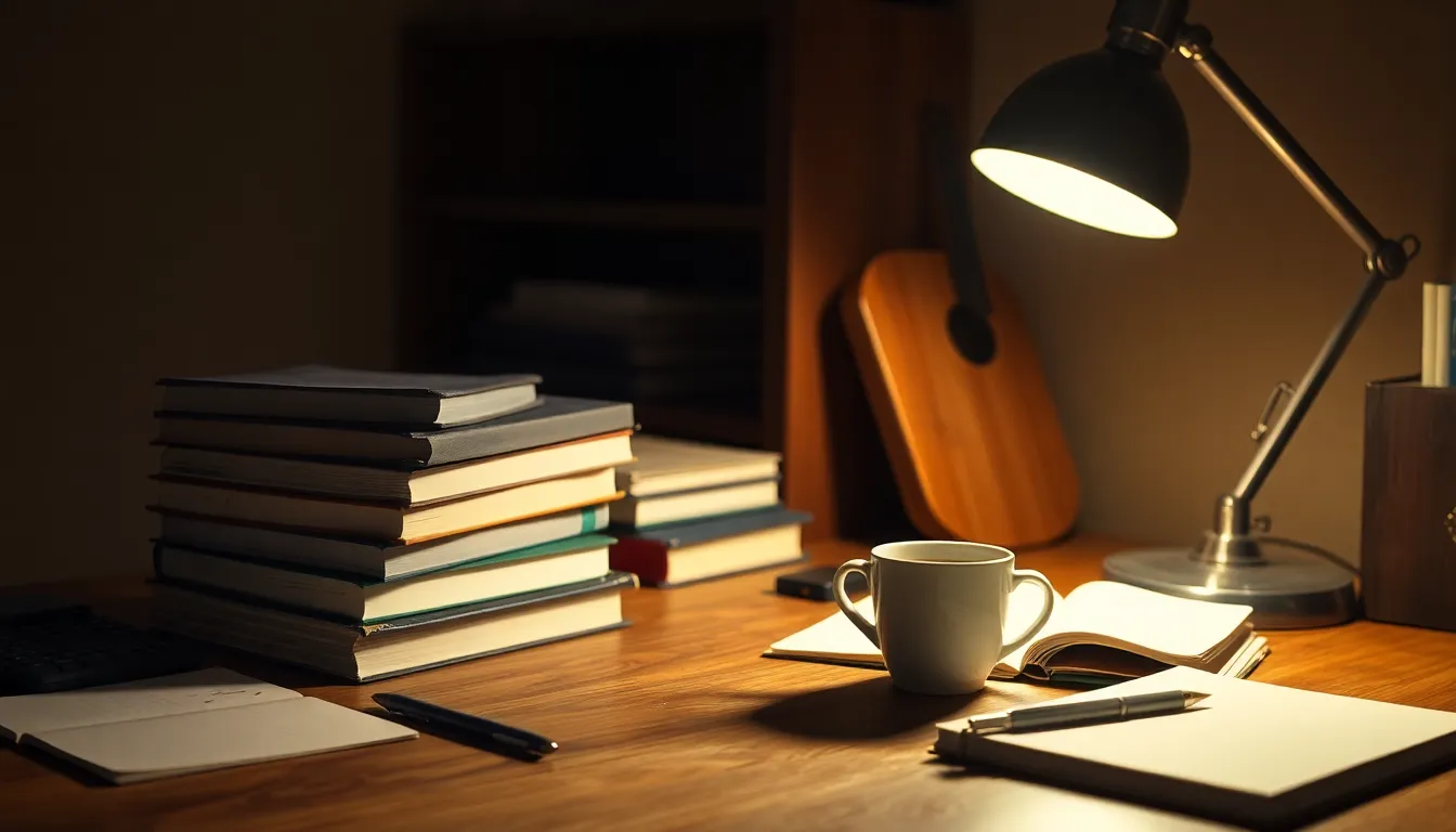 In this intimate study scene, a vintage wooden desk holds a stack of books and a steaming coffee cup, illuminated by the warm glow of a tungsten lamp. The shallow depth of field creates a soft focus on the foreground details, evoking a sense of comfort and concentration. The warm colors provide an inviting atmosphere, perfect for late-night studying. The composition effectively leads the viewer's eye through the cluttered yet charming arrangement.