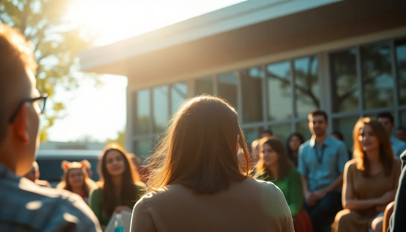 This dynamic image captures a group of students attentively participating in an outdoor lecture, framed with a dramatic Dutch angle for added impact. The vibrant colors of the scene are enriched by a cinematic teal and orange grade, enhancing the energetic mood of the day. The buttery bokeh surrounds the students, allowing their expressions of curiosity and engagement to shine through. This vivid depiction highlights the innovative atmosphere of modern education.