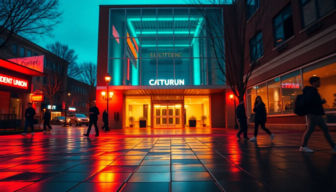 A captivating image of a university student union entrance lit by evening twilight and vibrant neon signage reflecting on wet pavement. The cinematic teal and orange color grading adds a lively urban feel, while the soft bokeh captures the essence of passing students. Leading lines of the sidewalk guide the viewer into this vibrant scene, creating a sense of excitement and community. The texture of raindrops on the glass adds an additional layer of depth.