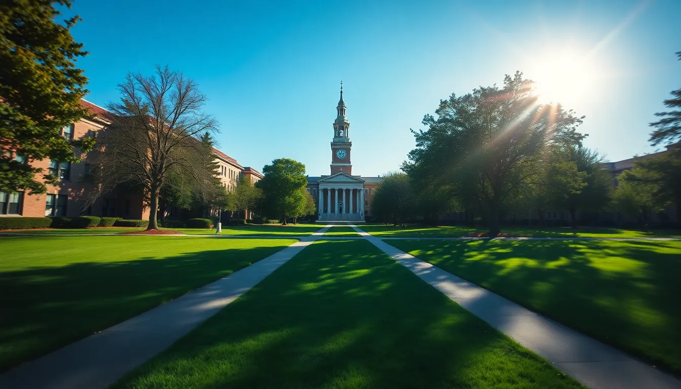 This striking image showcases a university's iconic clock tower set against a vibrant blue sky. The sharp midday sunlight accentuates the architectural details and casts dynamic shadows on the well-maintained paths leading toward the tower. The saturated colors bring life to the lush campus greenery, inviting viewers to appreciate both the beauty of the architecture and the surrounding natural environment. It represents the heart of campus life.