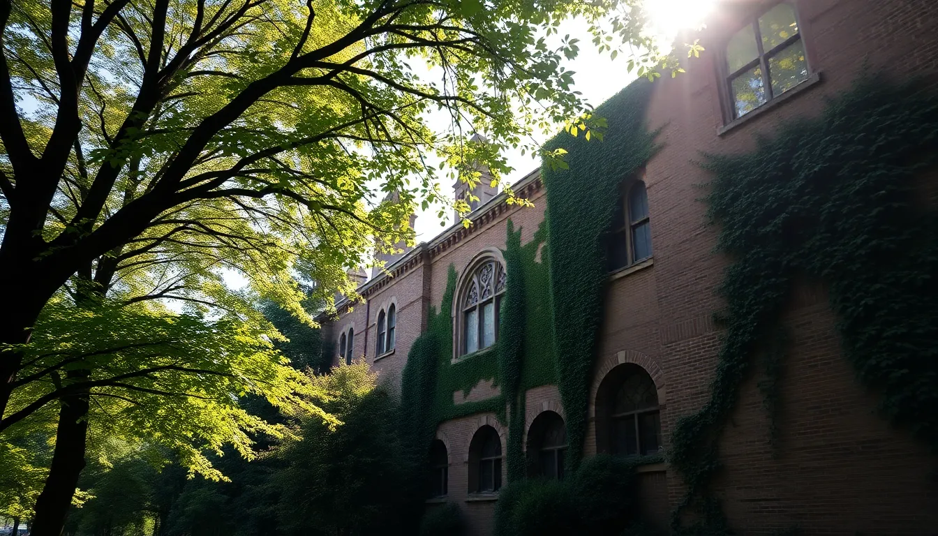 This image showcases a historic university building nestled within an abundance of vibrant greenery. Dappled sunlight filters through the thick canopy above, casting intricate patterns of light and shadow on the ground. The deep blues of the sky contrast with the rich greens of the foliage, creating a striking visual impact. The composition uses leading lines from branches to guide the viewer's gaze towards the majestic architecture, exuding a timeless academic charm.