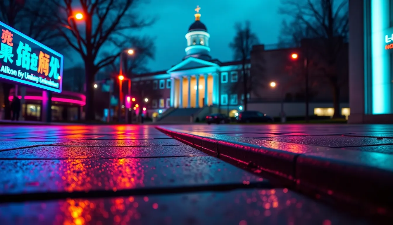 This dynamic night shot showcases an iconic university building illuminated against a vibrant backdrop of neon signage. The wet pavement reflects the colorful lights, creating an energetic atmosphere that captures the pulse of campus life after dark. The carefully crafted composition guides the viewer's eyes toward the striking architecture, while the sharp details of raindrops add texture and interest. The image embodies the fusion of education and urban nightlife, perfect for depicting university culture.