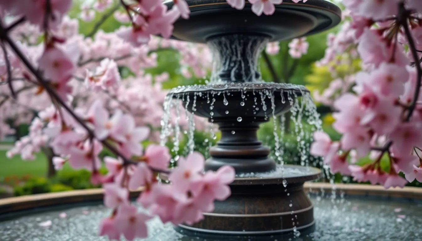 Cherry Blossom Fountain on University Campus A picturesque fountain on a university campus emerges from a sea of blooming cherry blossoms, capturing the essence of early spring. Delicate pink petals dance in the breeze, framing the scene with vibrant colors against muted greens. Water droplets glisten in the soft light, highlighting the intricate details of the fountain as the background fades into a dreamy bokeh. This image beautifully represents the serene beauty of campus life during the blossom season.