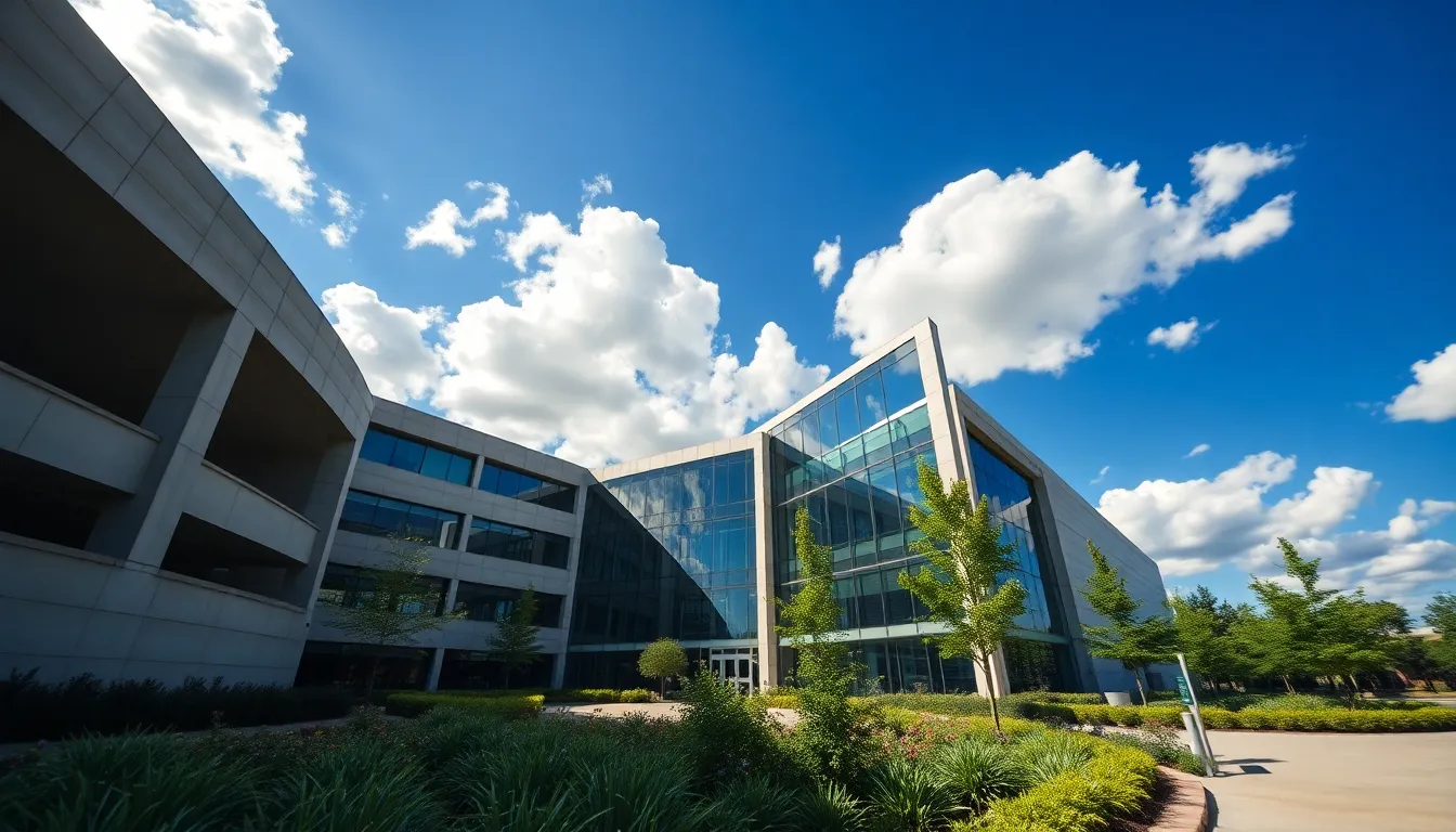 This photograph showcases a stunning view of a modern university building under a clear blue sky, emphasizing the sleek architectural design. The well-maintained gardens surrounding the structure add vibrancy to the scene, while the reflections in the glass capture the essence of a lively campus. The clarity and sharpness of the image highlight the thoughtful integration of nature and education within the architectural landscape.